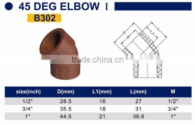 TY High quality PP threaded pipes&fittings 45 DEGELBOW A eco-friendly Cheap Price Full Size factory price list discount