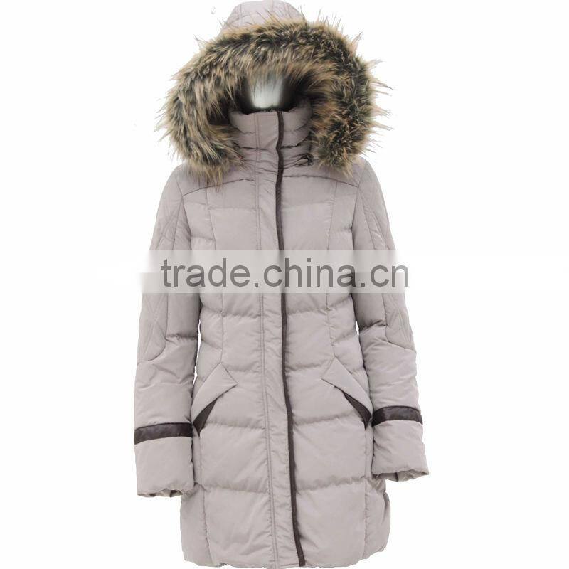 2014 Alike fashion long women jacket with faux fur hood