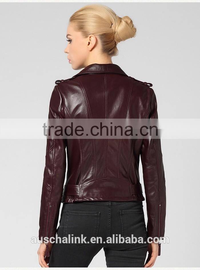 newest german style lady pure lambskin trendy red wine leather jacket