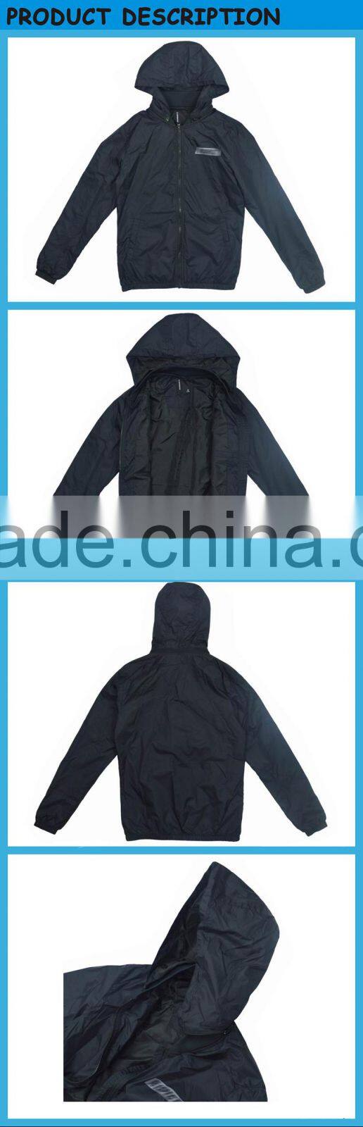 Single Plain Black Removable Hood Mens Fall Jacket