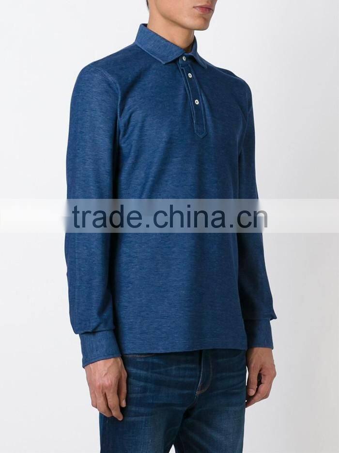 High quality blue cotton denim style long sleeve polo shirt for men