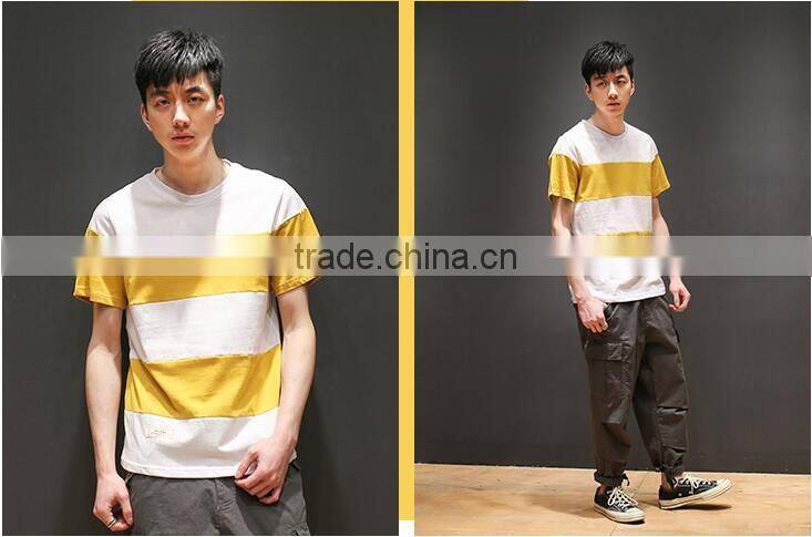 Summer Japanese men round collar stripe leisure T-shirt color stitching loose cotton with short sleeves