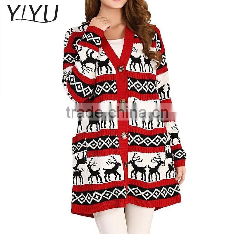 Custom Reindeer jacquard long big button ugly christma cardigan jumper for women