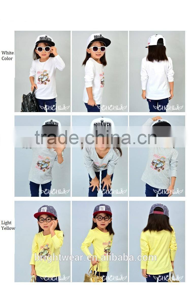 Hot selling girl's fashion white cotton printed long sleeve t shirt