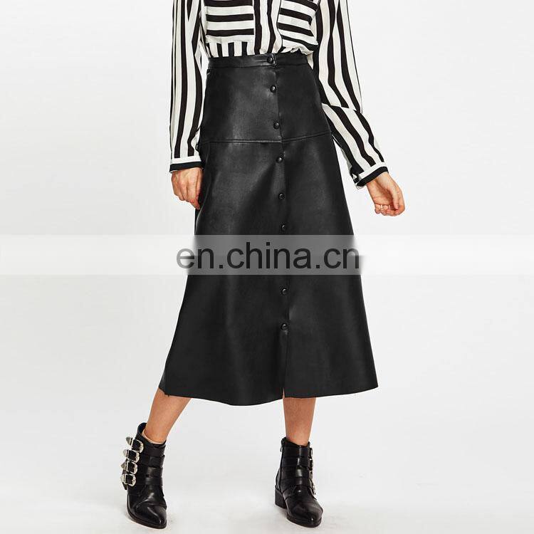 Fashion Ladies High Waist A-Line Button Up Long PU Leather Midi Skirt