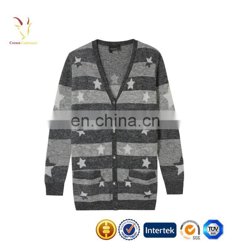 Womens V Neck Cashmere Cardigan Black and Grey Striped Sweaters