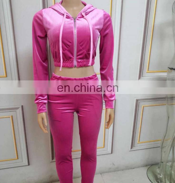 New Fashion Women Autumn Winter Casual Fleece Zipper Hooded Short Tops Long Sleeve Tops + Pants Suit pants set two piece set