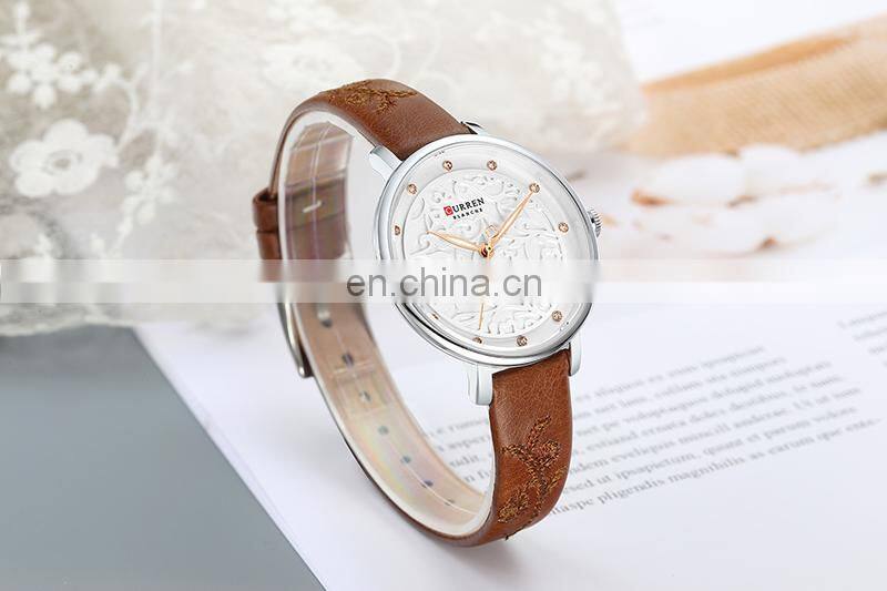CURREN 9046 Women Simple Flower Pattern Elegant Watches Ultra Thin Dial Quartz Leather Fashion Wristwatch
