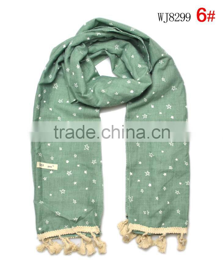 Hot Selling Star Printed Tassel Lace Brim Sewed Boys Girls Kids Linen Cotton Scarf