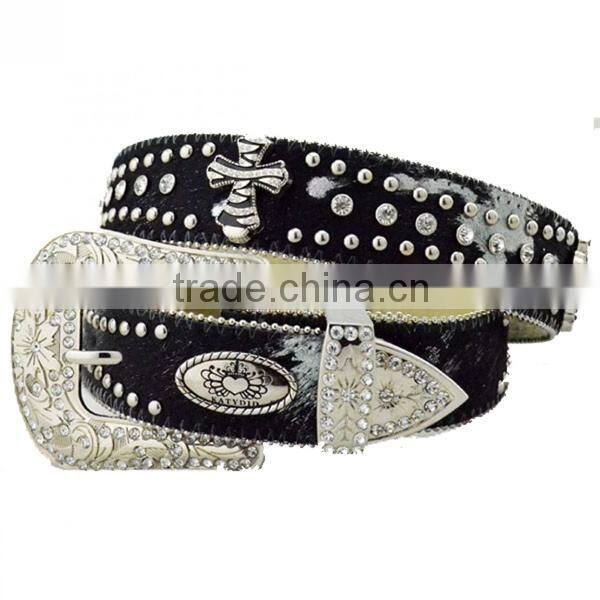 Wholesale Women's Rhinestone Studs Faux Hair Fleur De Lis Belts