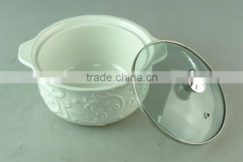 white embossing ceramic soup tureen with glass cover/lid in stocklot