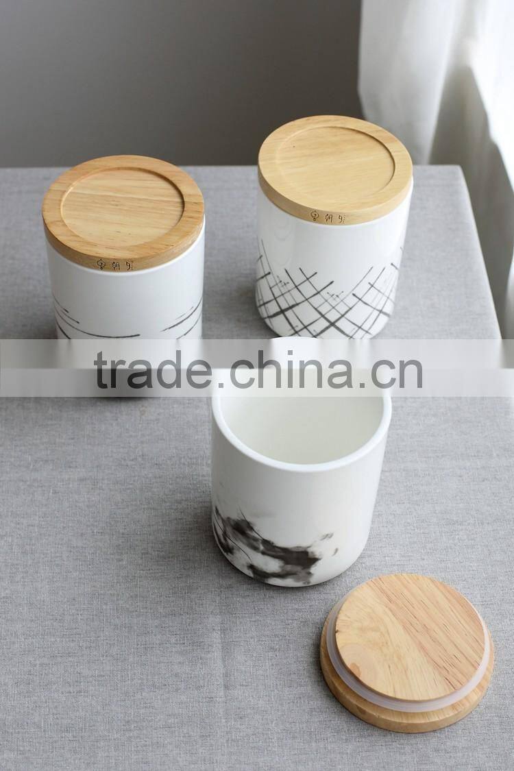 household ceramic cannister with wooden lid