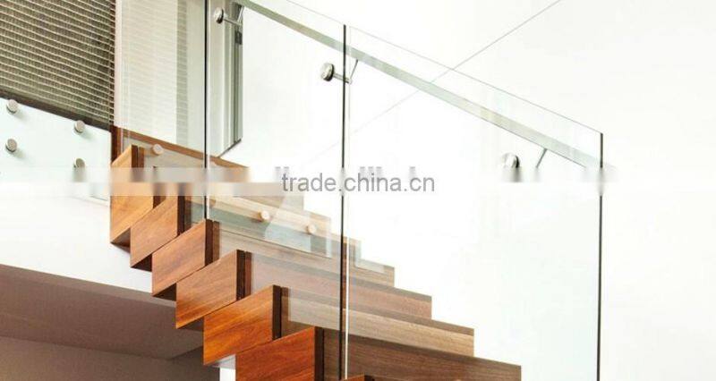 stainless steel wood tread straight stairs with glass handrail China supplier