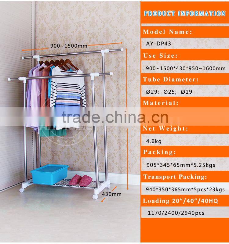 Double pole portable and telescopic indoor multipurpose clothes hanging rack