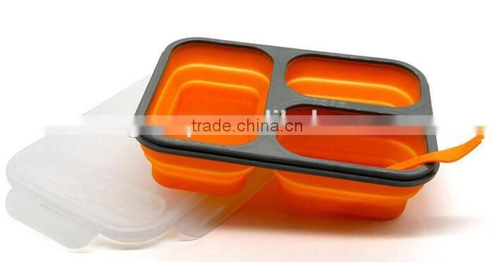 Silicone Lunch Box Bento Box,Collapsible BPA-Free Silicone Lunch Box with 3 Compartments and Cutlery - Orange