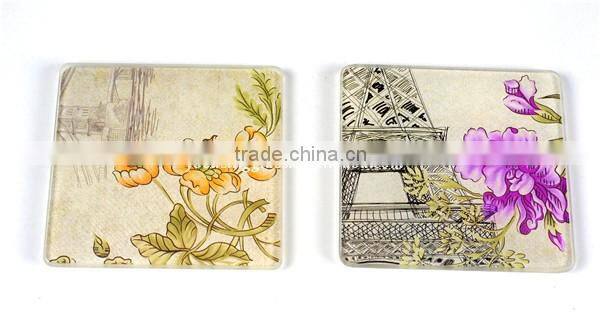 2 pieces/set tempered glass cup coasters with Eiffel Tower