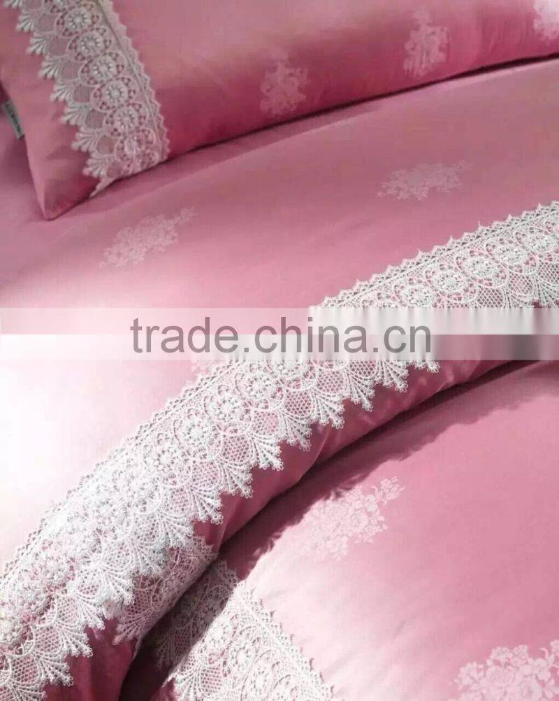 Solid color pink color bedding set bed cover set with lace