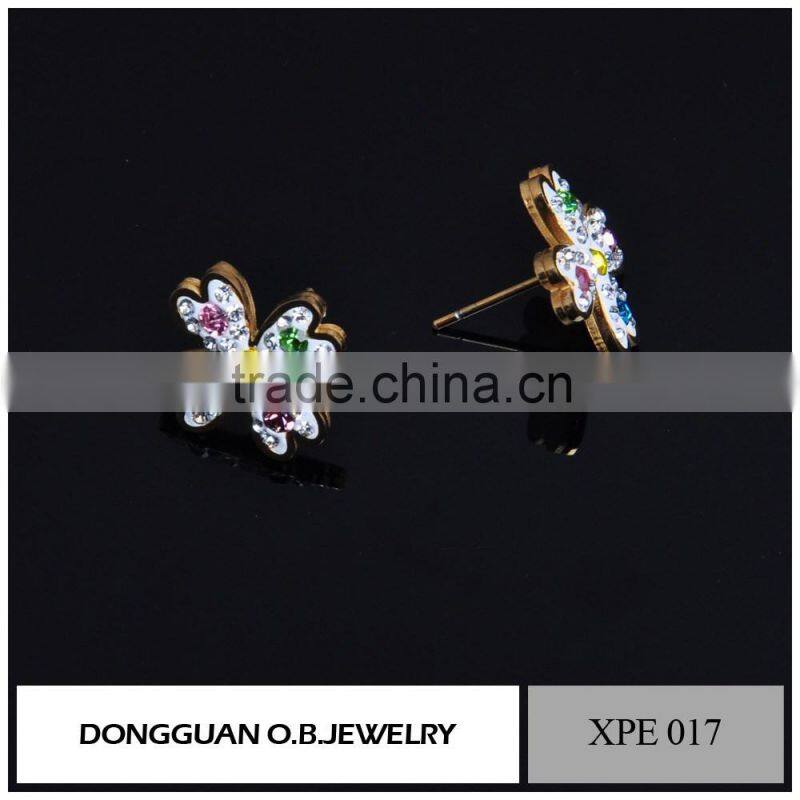 Fashion luckly four leaf clover earrings with colorful crystal earrings for grils
