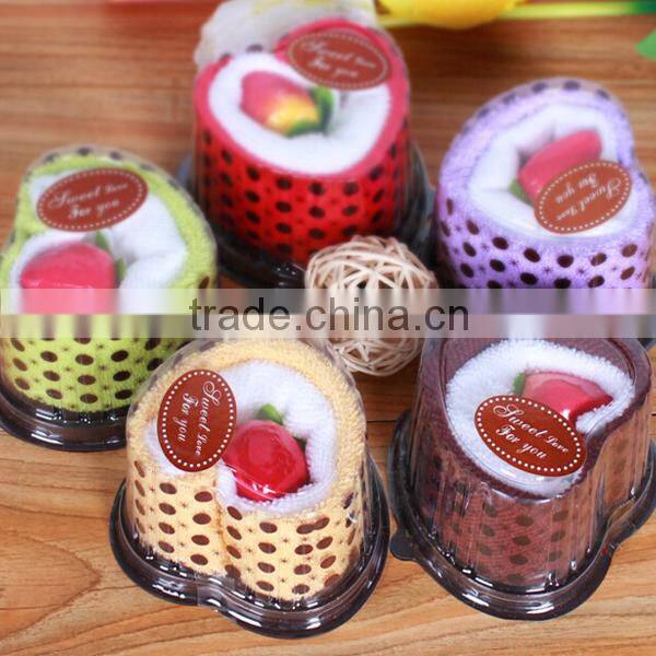 China OEM manufacture hot selling 100% cotton towel cake souvenir