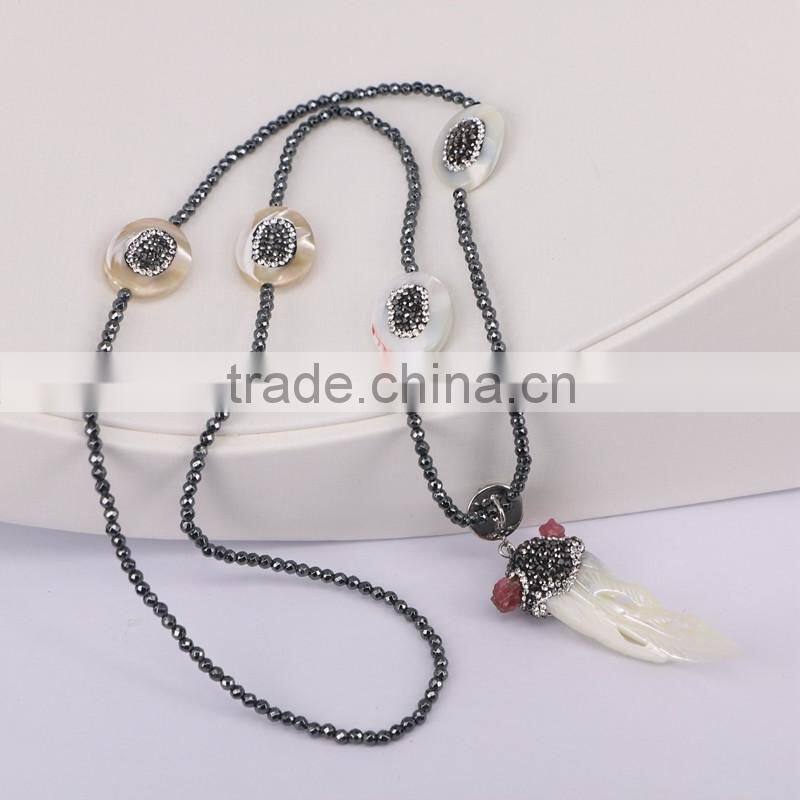Charm Carved Shell Gem Necklace, with 3mm Black Hematite Beads Necklace, Pendant Druzy Natural Stone Necklace