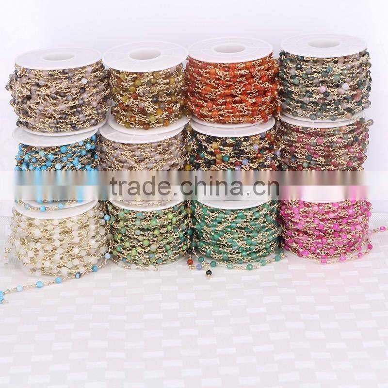 Natural White Gray Color 4mm Faceted Agate Round Beads Necklace Chain Handmade Wire Linked Chains Fashion Jewelry