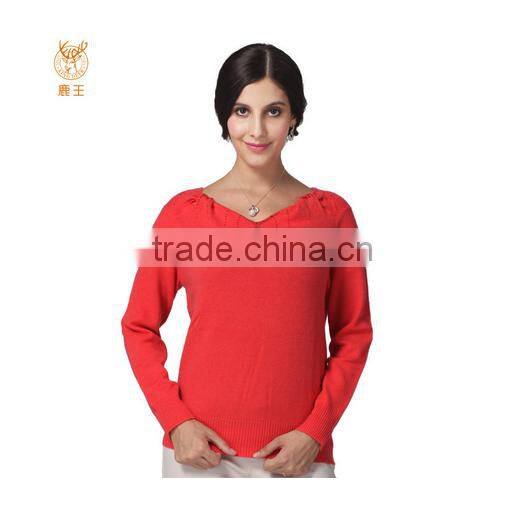 V Neck Crystal Cashmere Sweater, Ladies Red Special Collar Sweater
