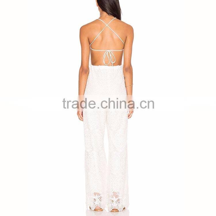 Garment factory lady long romper cut out backless halter white lace jumpsuits