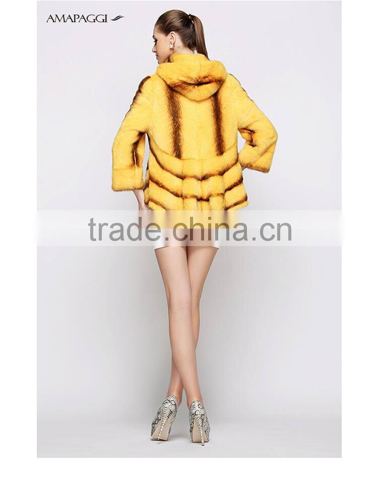 hot sale yellow cross mink coat with hood women warm fur coat for winter