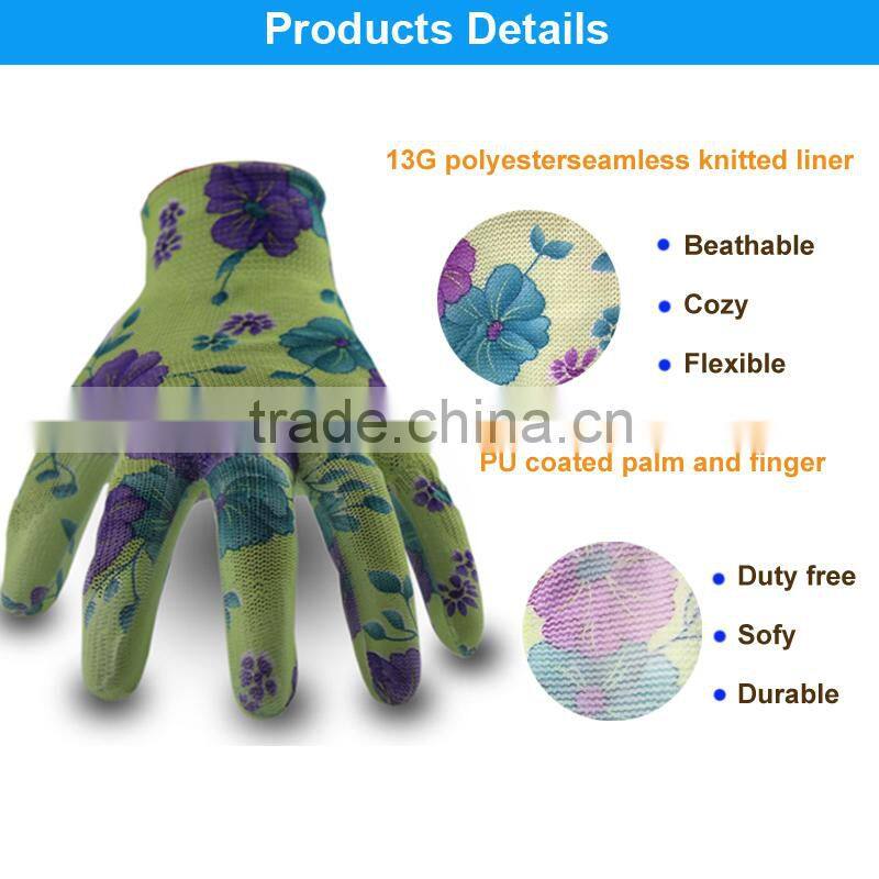 Qianglun 13G PU Coated Garden Glove With Elegant Pattern