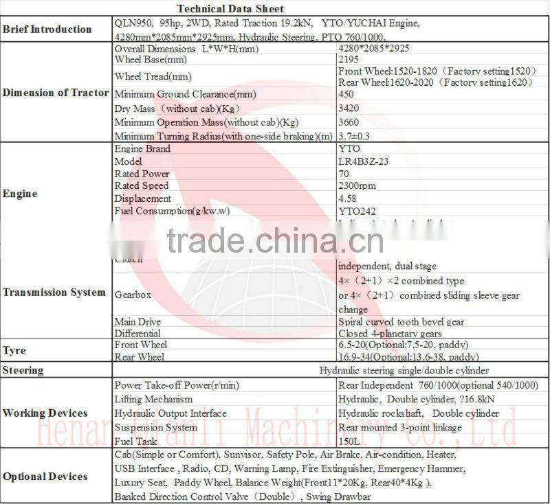 hot selling 95hp new farm tractors China