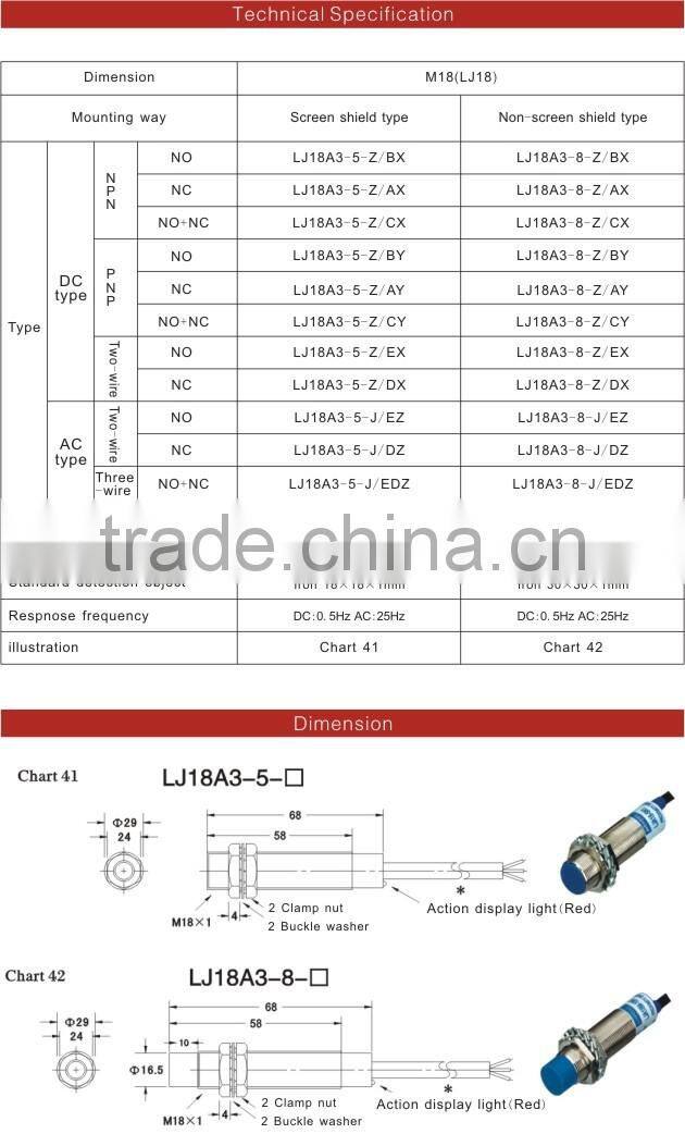 LJ18(M18 ) YUMO two mounting way DC 4 wire PNP NO inductive switch proximity sensor switch
