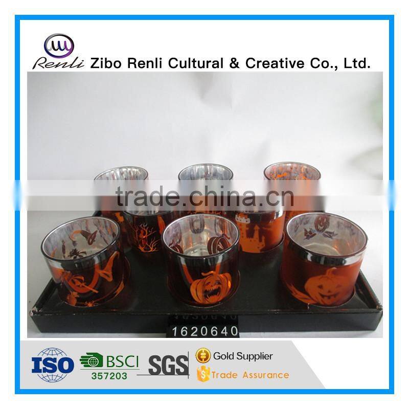 Electroplated Carve Pumpkin Light Design Glass Candle Holder Set for Hallowmas