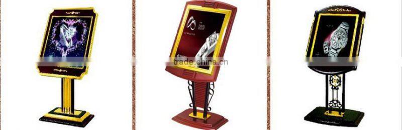 Roman stainless steel hotel poster display stands/ wooden freestanding advertising sign stand/ sample sign board/ banner P-77