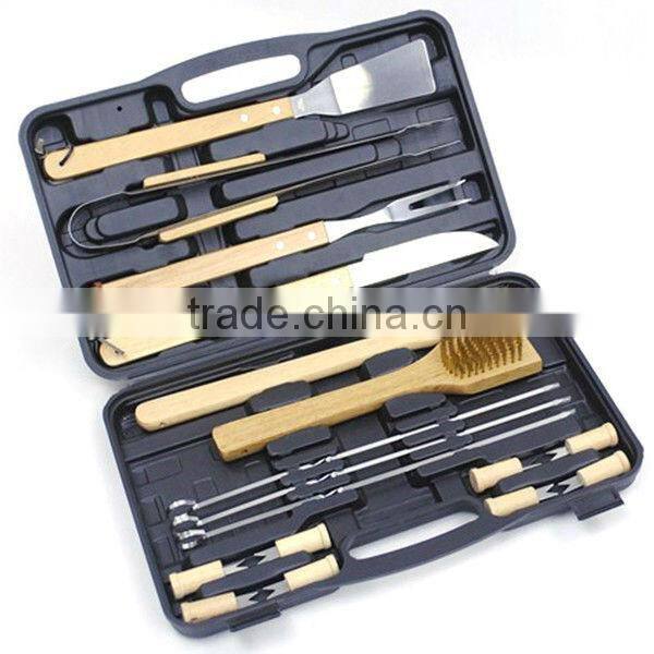 BQ-0002 18 pcs hard wood handle BBQ tool set