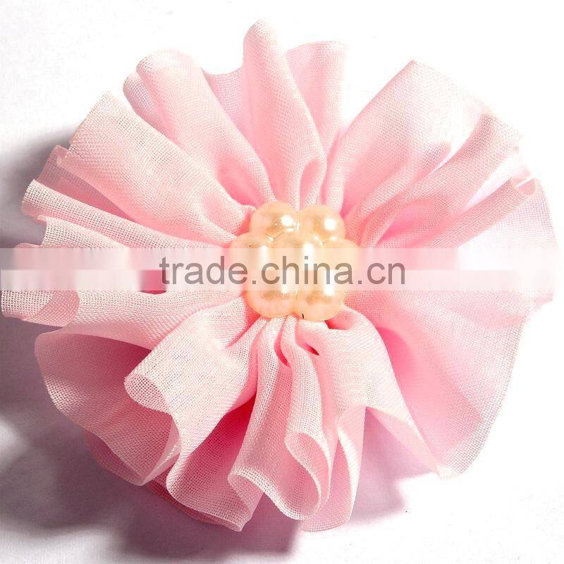 fabric chiffon flower with pearl beads center for kids hair accessories