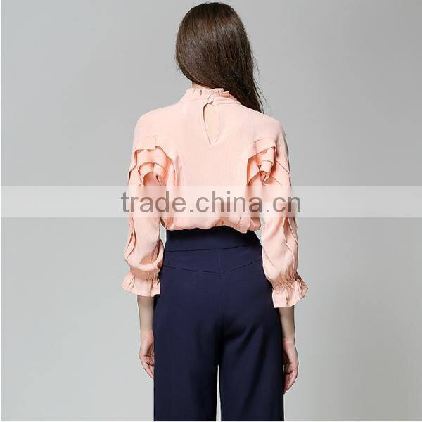 Ladies new fashion autumn Korean style transparent pleated long sleeve chiffon blouse
