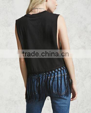 2017 Women fashion tank top ptinted front tassel details black cool tops for women