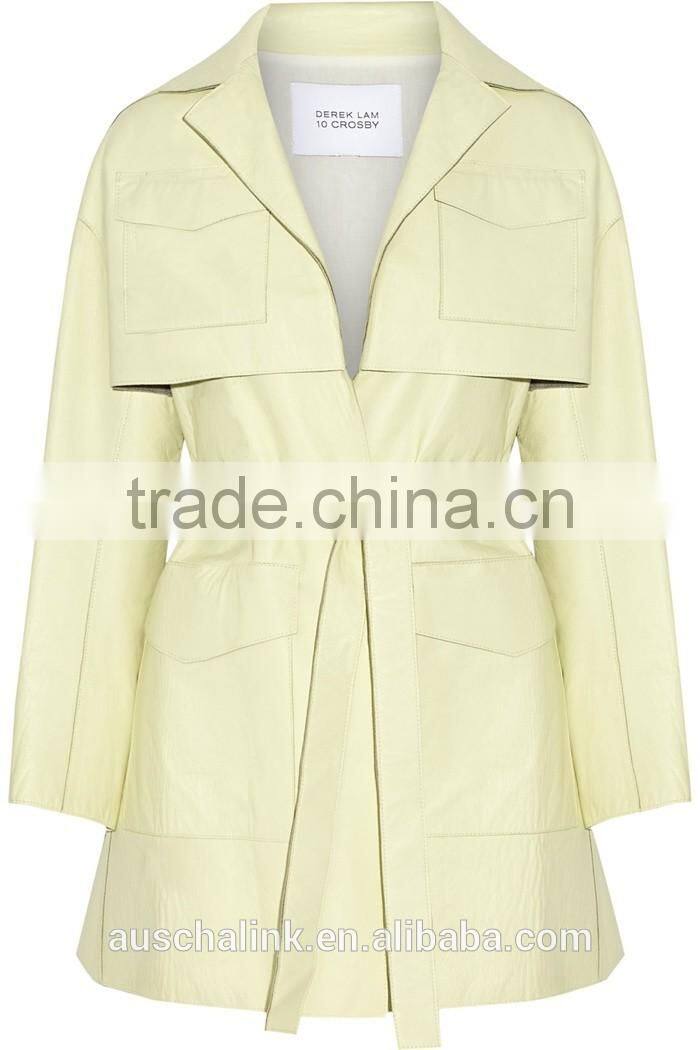 fashion design women light green leather trench coat OEM service