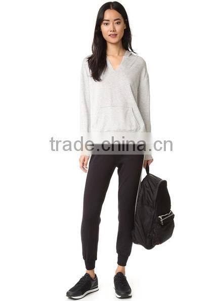 V-neck hooded sweatshirt for woman soft light cotton with front pocket women spring thin fleece