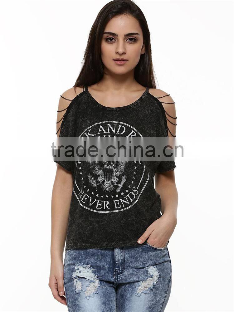2015 new stylish girls personalized chain string sleeve t shirt, short sleeve black t shirt