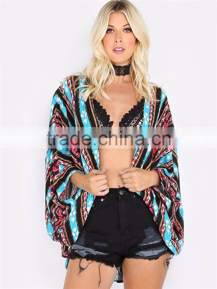 Custom Design Colorful Tribal Striped Dolman Kimono With Curved Hem Caplet Style Ladies Beachwear