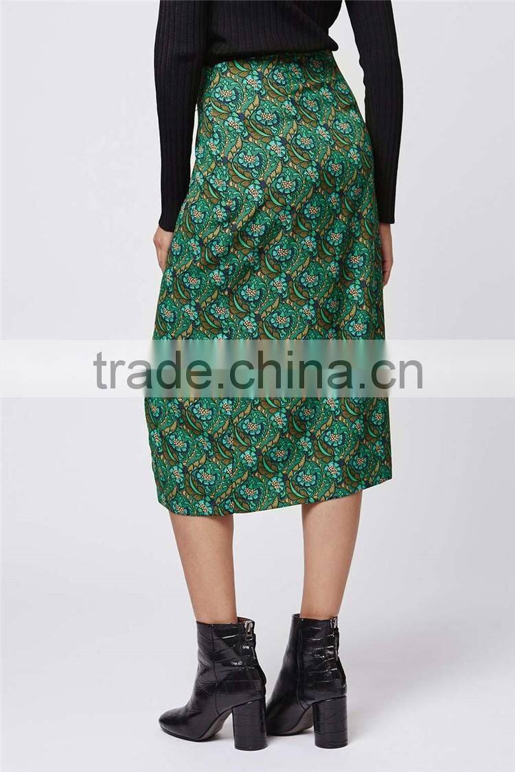 New Arrival Customized 95% Rayon 5% Spandex Floral Split Front Midi Skirts Green Split Floral Skirts