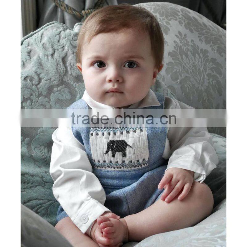 Vintage Style Blue Wool Overalls Children Cotton Frocks Designs Handmade Smocked Embroidery Overalls For Kids Boys
