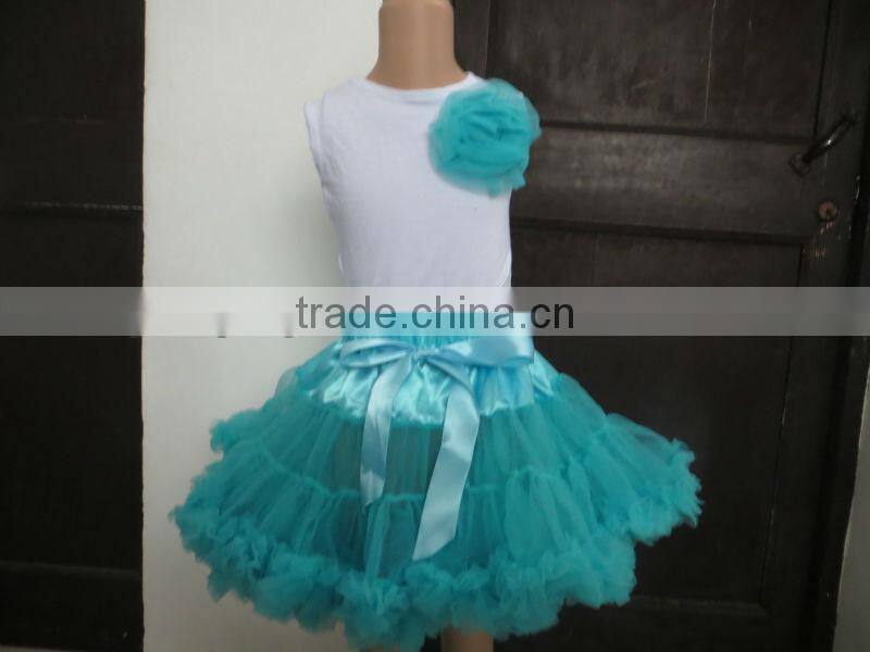 2014 Newest Baby Girl White Top and Aqua with Purple Fluffy Pettiskirt Baby Girl Outfits with Fluffy Tutu Skirt