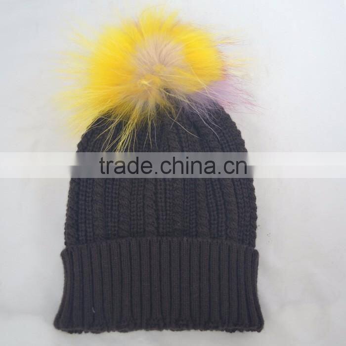 Myfur Black Color Unisex Winter Woolen Beanie with Fur Pompom Top