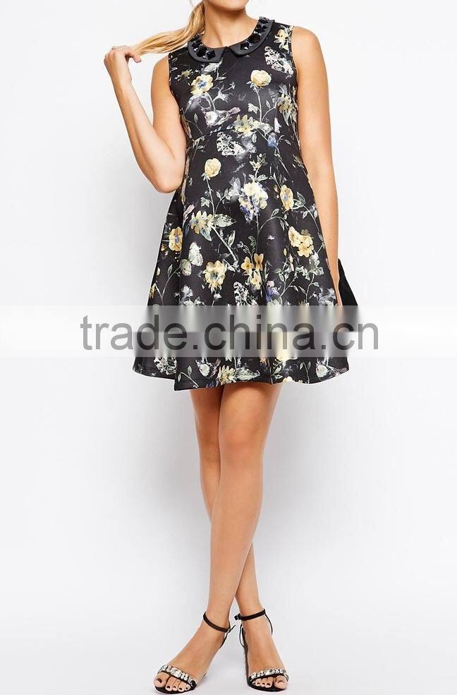 Maternity Skater Dress in Floral Print with Embellished Collar for pregnant women dongguan weibao clothing