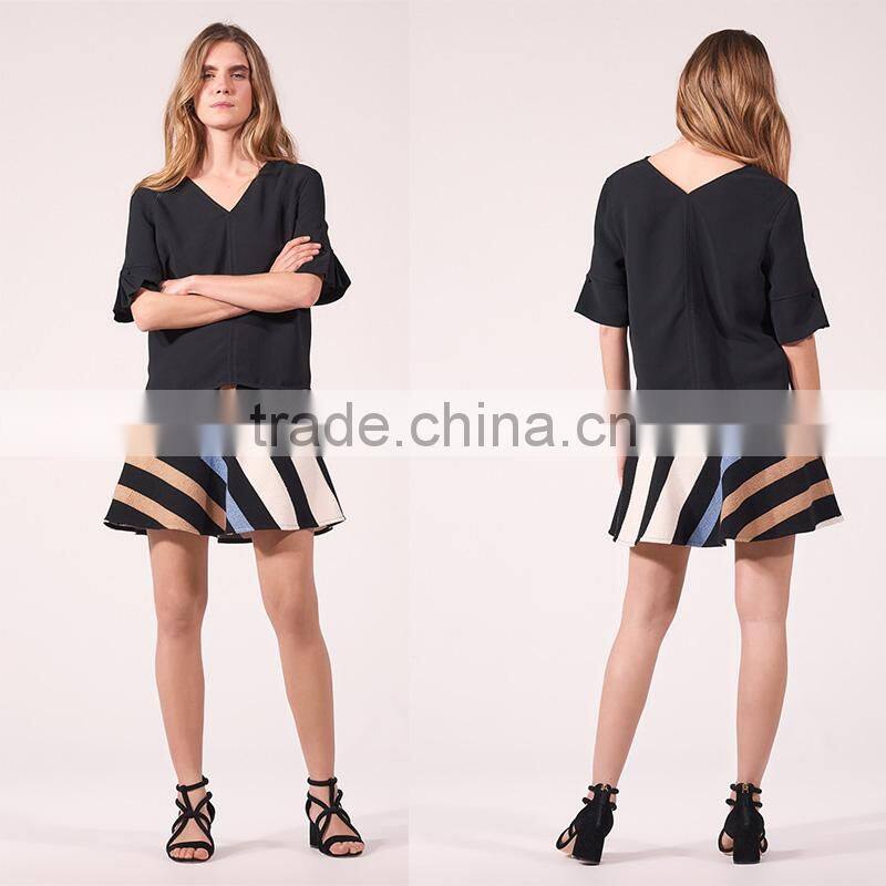 Women's loose fit V neck press studs on short slited sleeves tank blouse