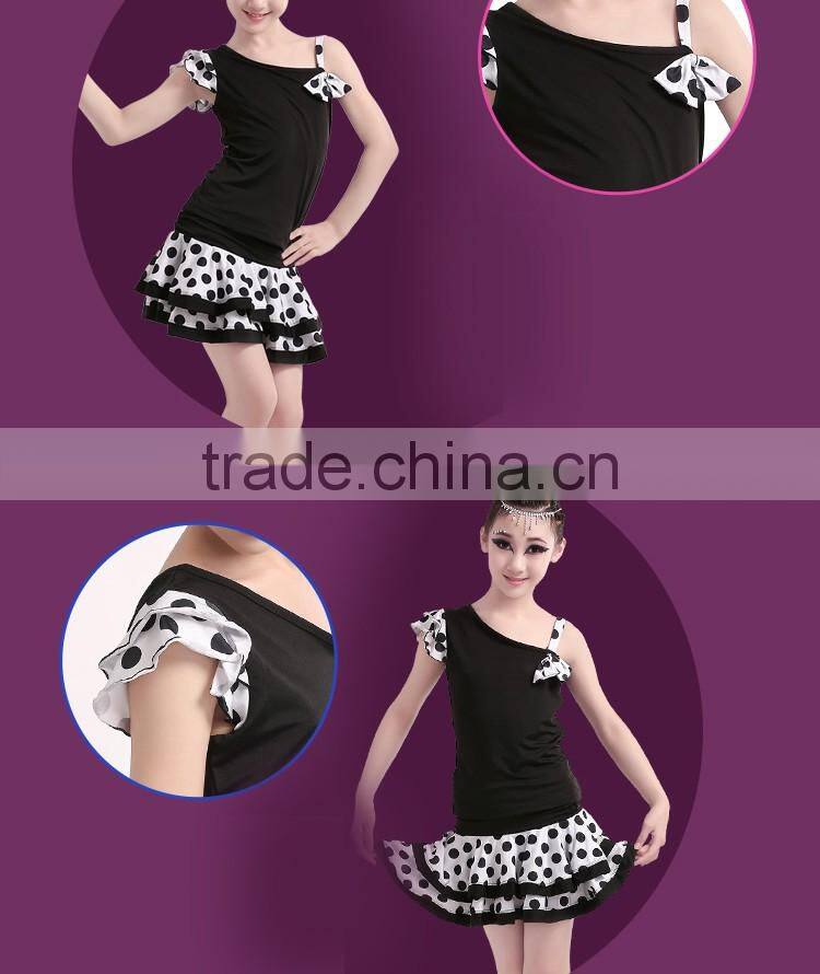 Children Polka Dot Salsa Samba Tango Ballroom Latin Skirts Suit Girls Kids Unequal Dew Shoulder Latin Dance Dress
