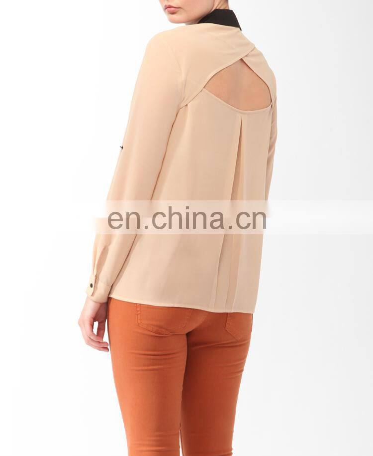 CHEFON Contrast trim relaxed fit patchwork open back blouse with low back