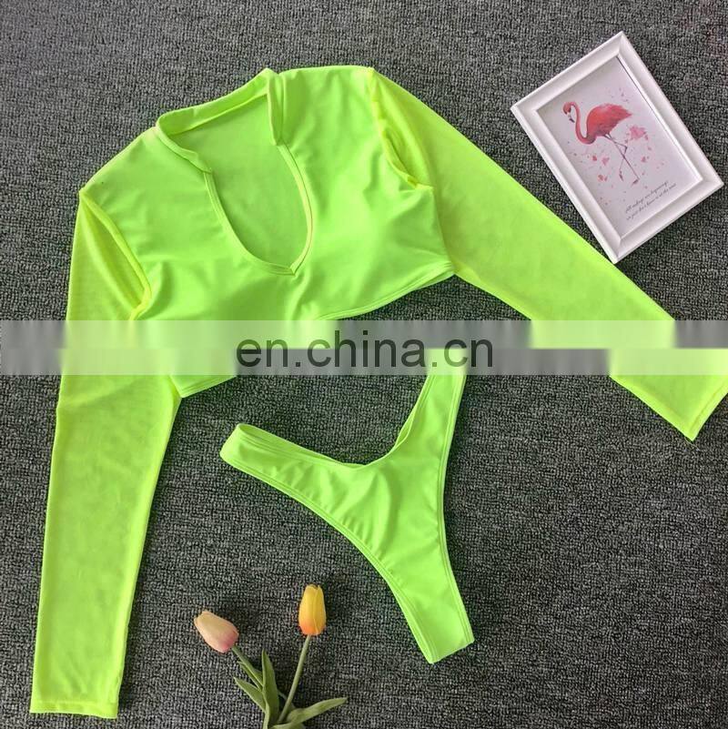 Mesh long sleeve crop top bikini Orange push up two-piece suits High cut swimsuit female Sexy thong swimwear 2019 bathing suit